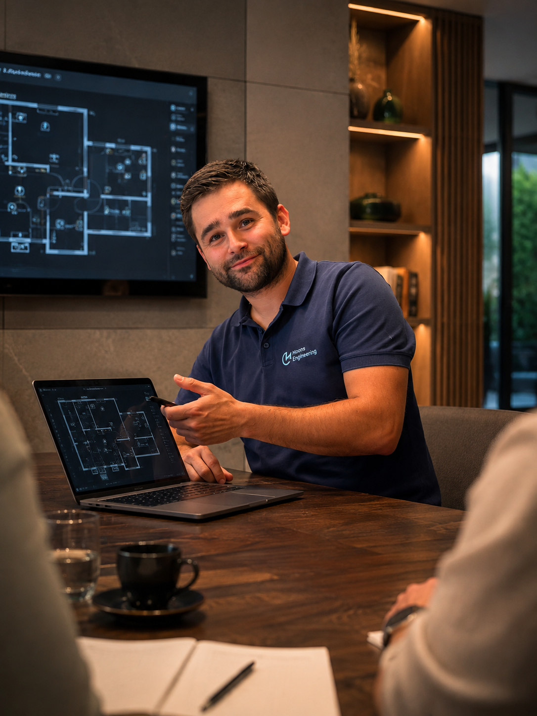 Robin Moons bespreekt domotica-engineering en visualisatie met klanten aan de hand van digitale plannen